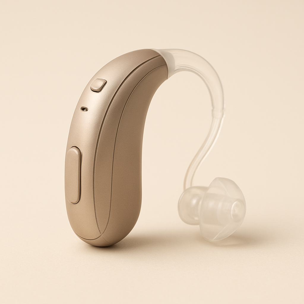 A modern behind-the-ear hearing aid available at Bharath Audiology