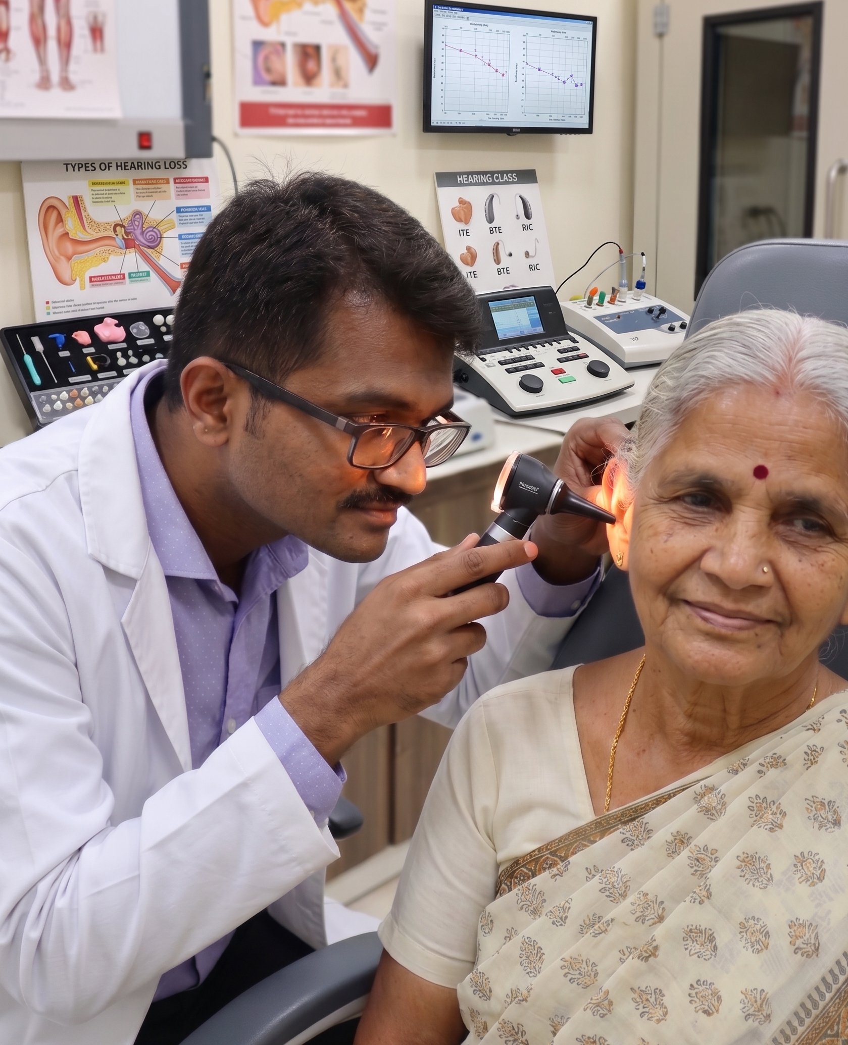A caring audiologist examining an older patient's ear at Bharath Audiology
